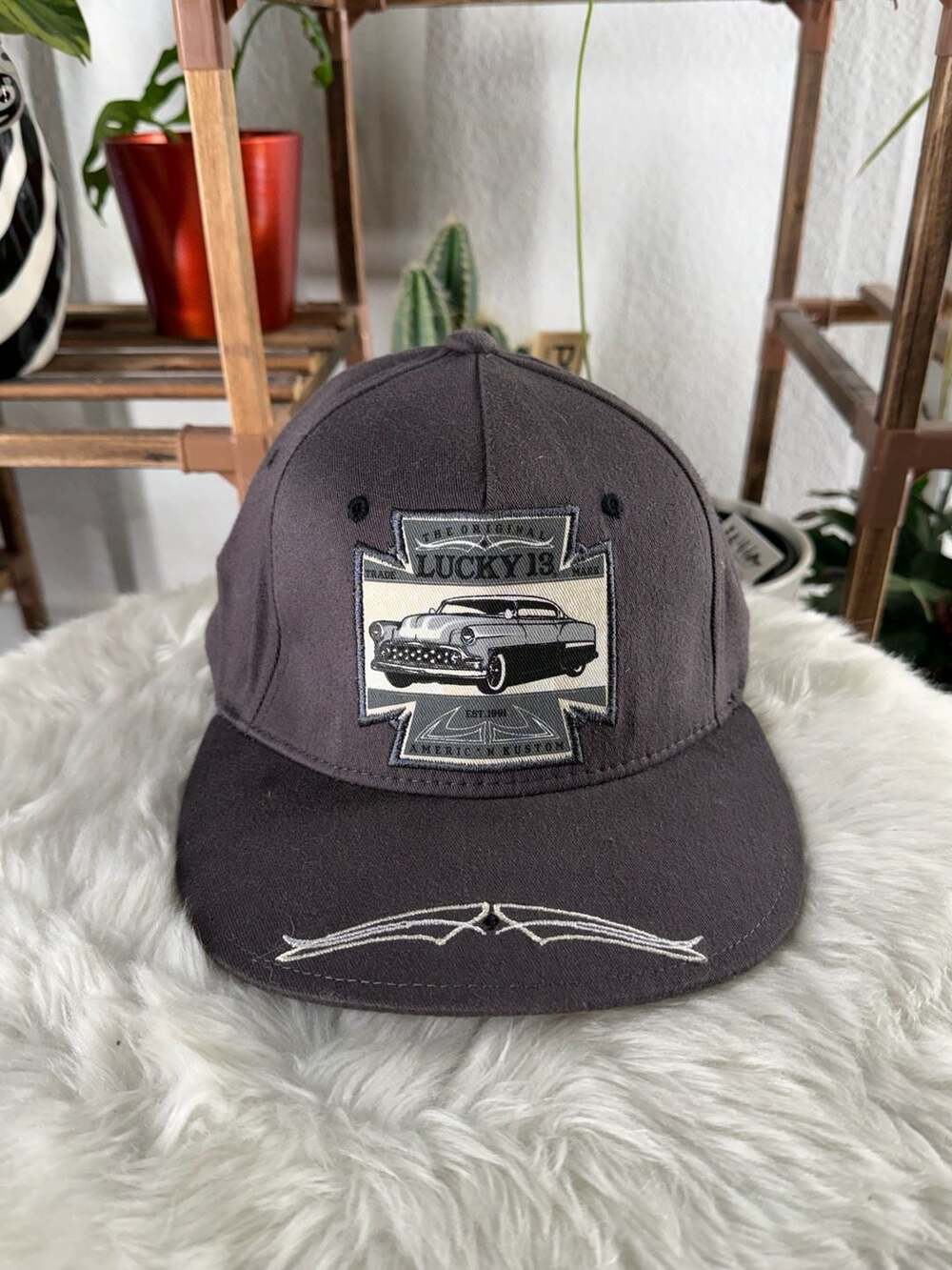 Lucky 13 Classic Car Hat Size S/M Gray Hot Rod Baseball Cap